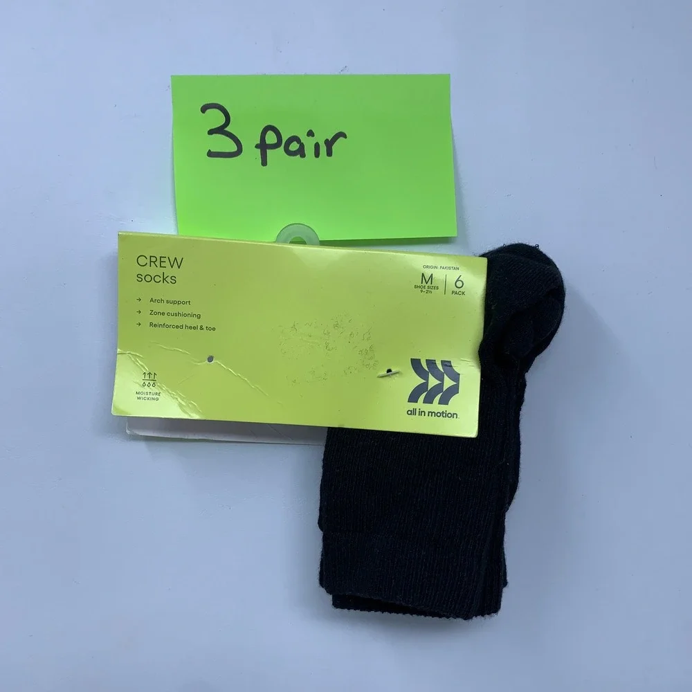 All in Motion Mens Medium Black Cushion Moisture Wicking 3 Pair Crew Socks